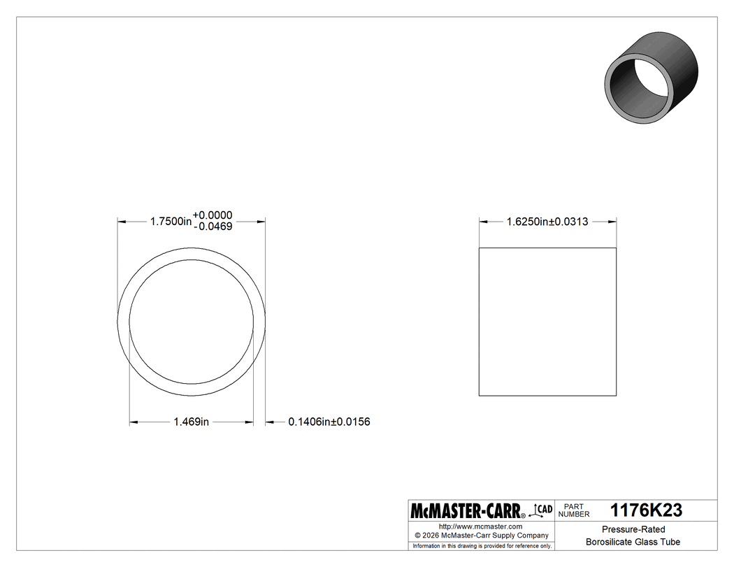 Technical Drawing of Pressure-Rated Borosilicate Glass Tube, 1-3/4" OD, 1-15/32" ID, 1-5/8" Long.